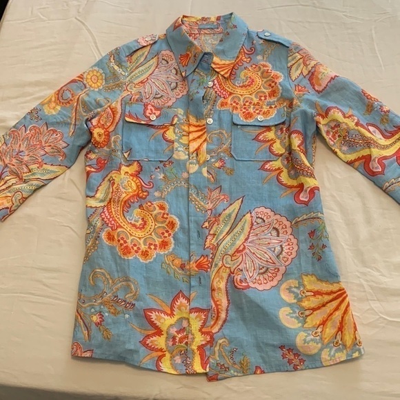 J. McLaughlin 100% linen paisley floral 3/4 length sleeve blouse size 0 - Picture 2 of 10